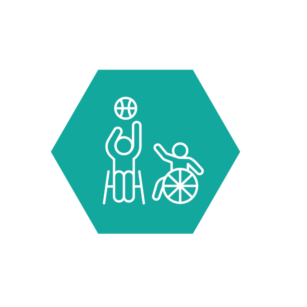 Green hexagon with illustration of two people in wheelchairs playing basketball.