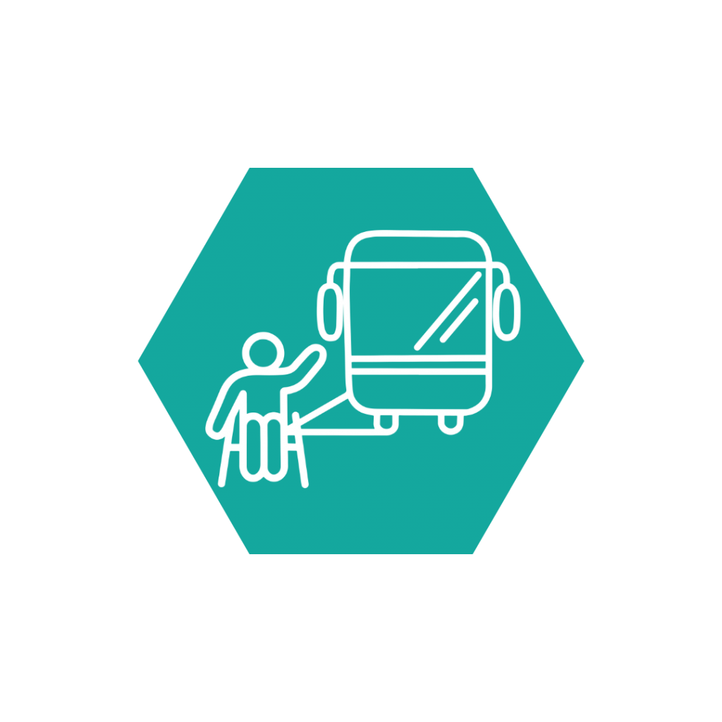 Green hexagon with illustration of man in a wheelchair hailing a bus.